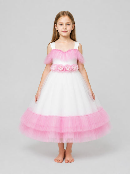 Girls' Dressy Tutu Dress with Ruffles, White and Pink