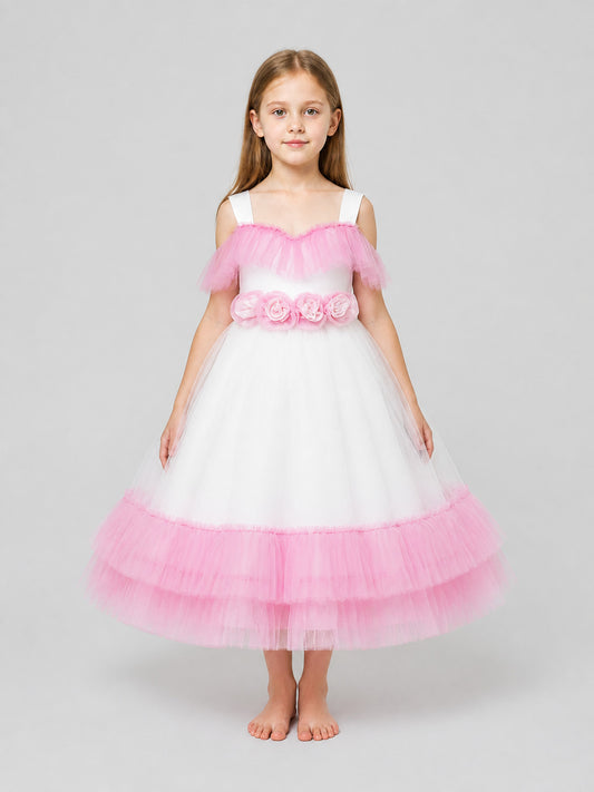 Girls' Dressy Tutu Dress with Ruffles, White and Pink on-model view