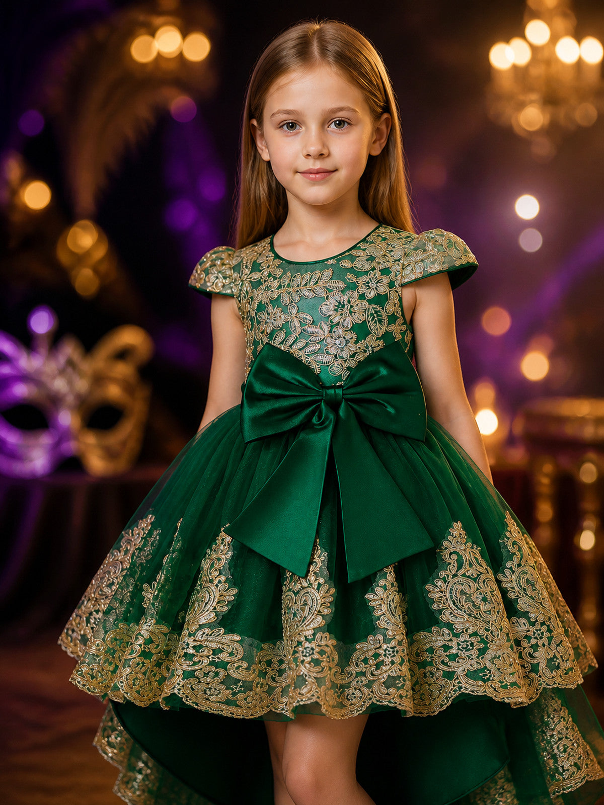 Girls' Dark Green Princess Dress with Gold Lace Embroidery, Bow and Train on-model view