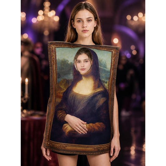 Funny Mona Lisa Halloween Jumpsuit Costume with Oil Painting Frame on-model view