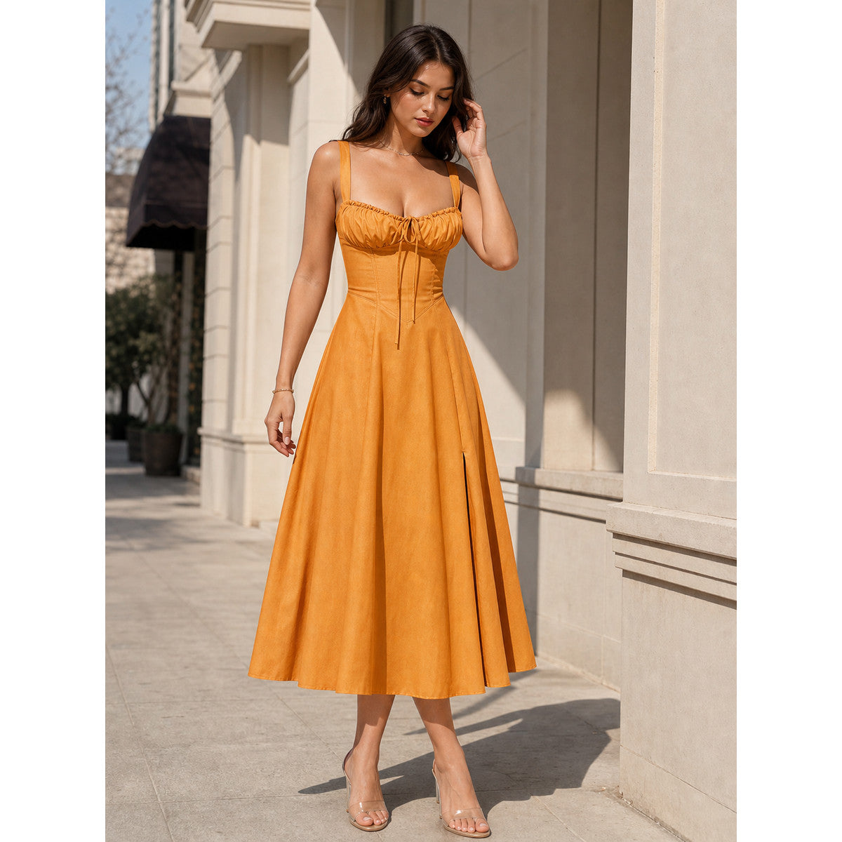 Strappy, fitted dress with a flared skirt main product view