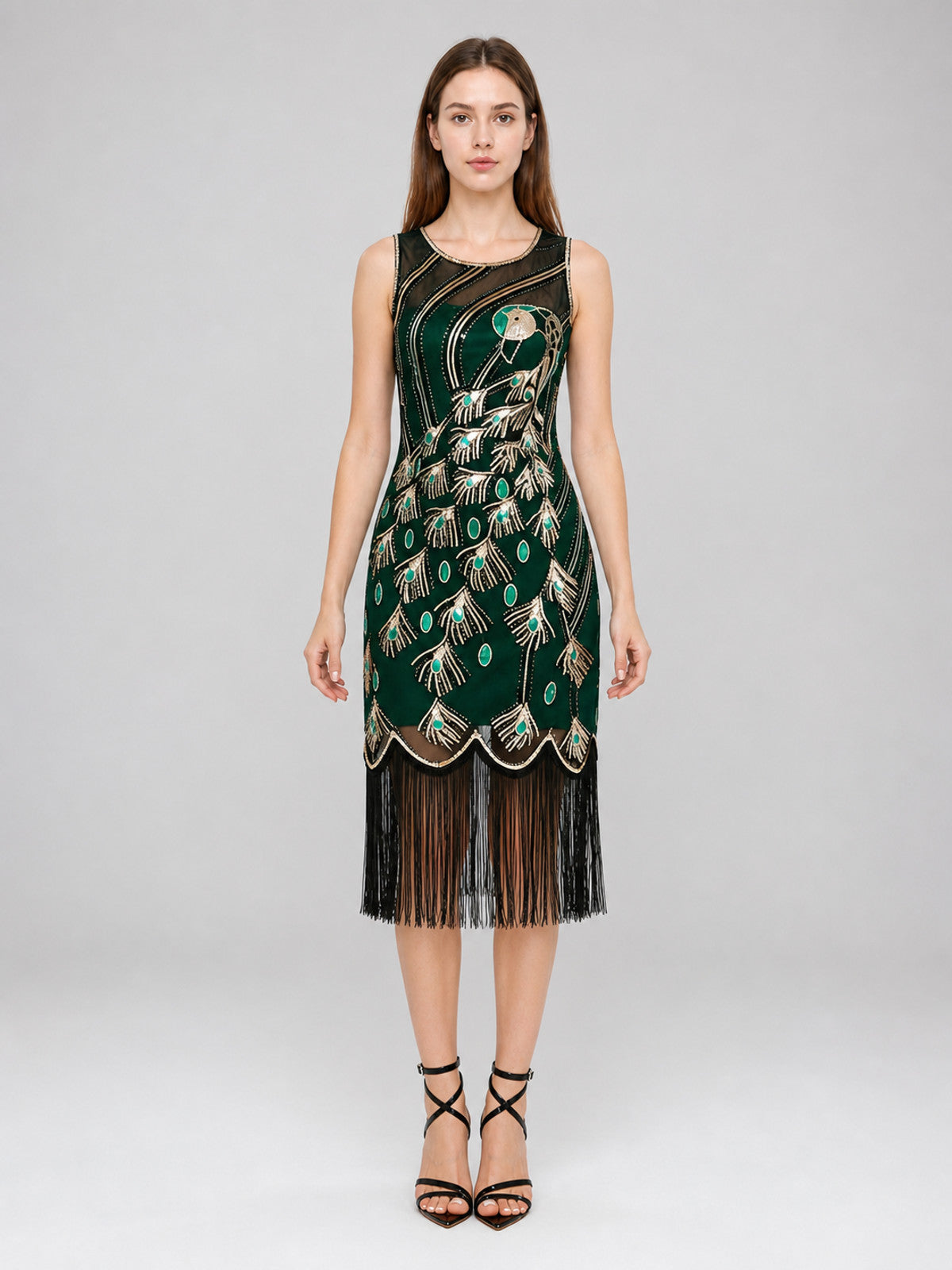 Gatsby-Style Peacock and Fringe Dress front view
