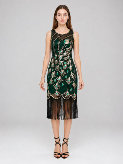 Gatsby-Style Peacock and Fringe Dress front view