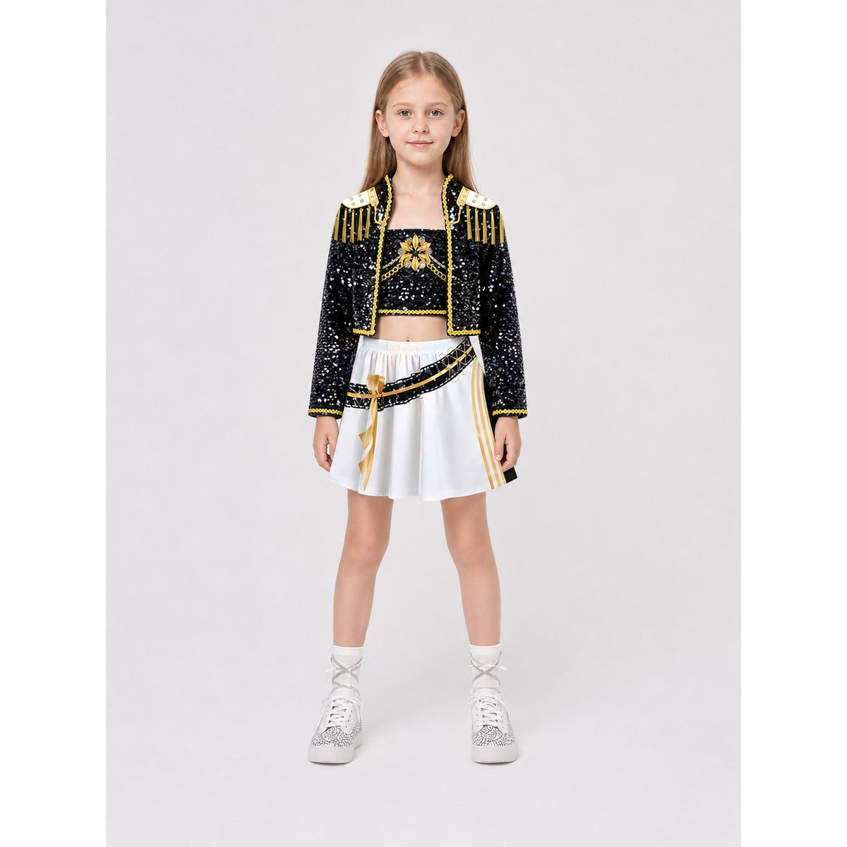 Sequin Stage Costume with Jacket, Top, and Skirt on-model view