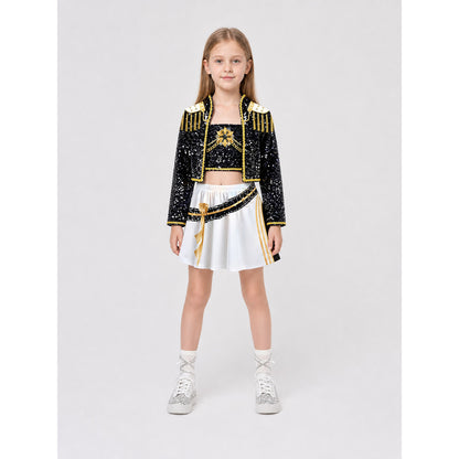 Sequin Stage Costume with Jacket, Top, and Skirt on-model view