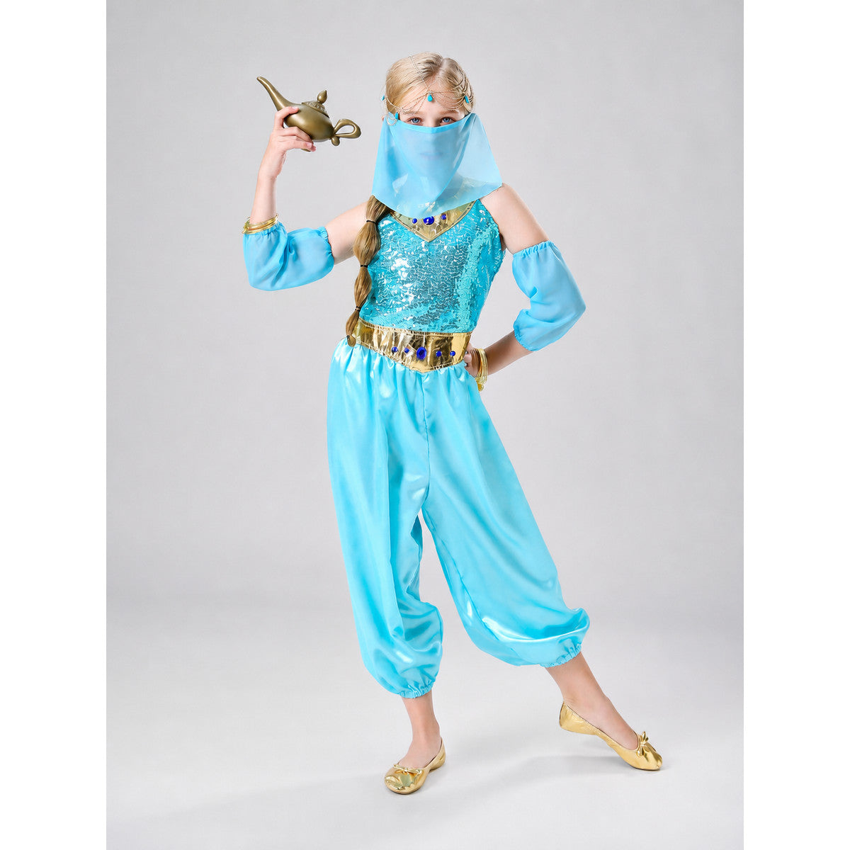 The princess costume is designed in an Arabic style and includes a light blue on-model view