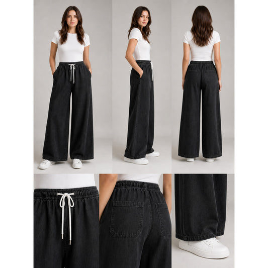 Wide Black Drawstring Pants with Pockets