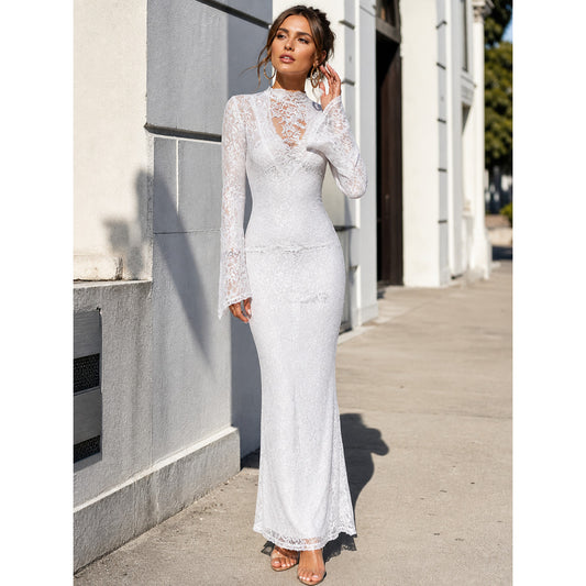Women's Long Dress with Long Sleeves and Lace Pattern