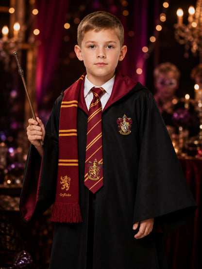 Hooded Wizard Robe Costume Set With Scarf, Tie And Wand on-model view