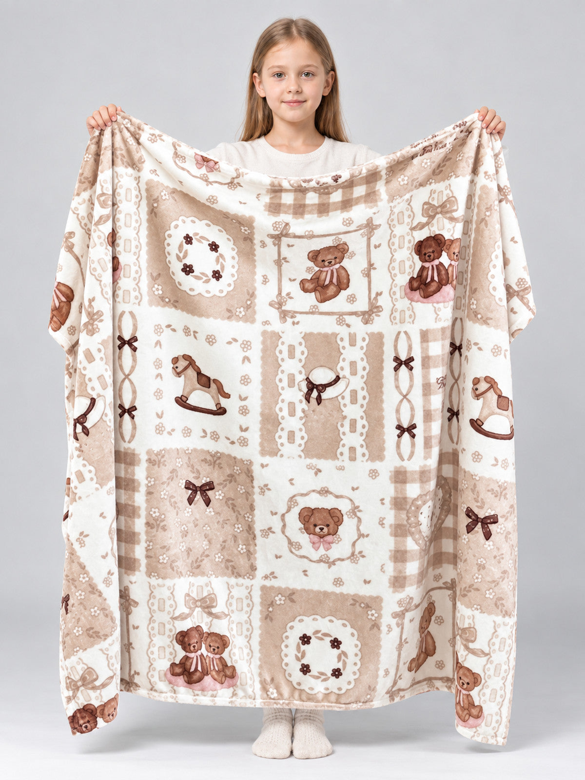 Beige fluffy blanket with teddy bear and bow print