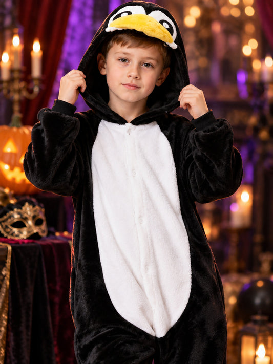 Children's hooded one-piece pajama with a beak, black and white