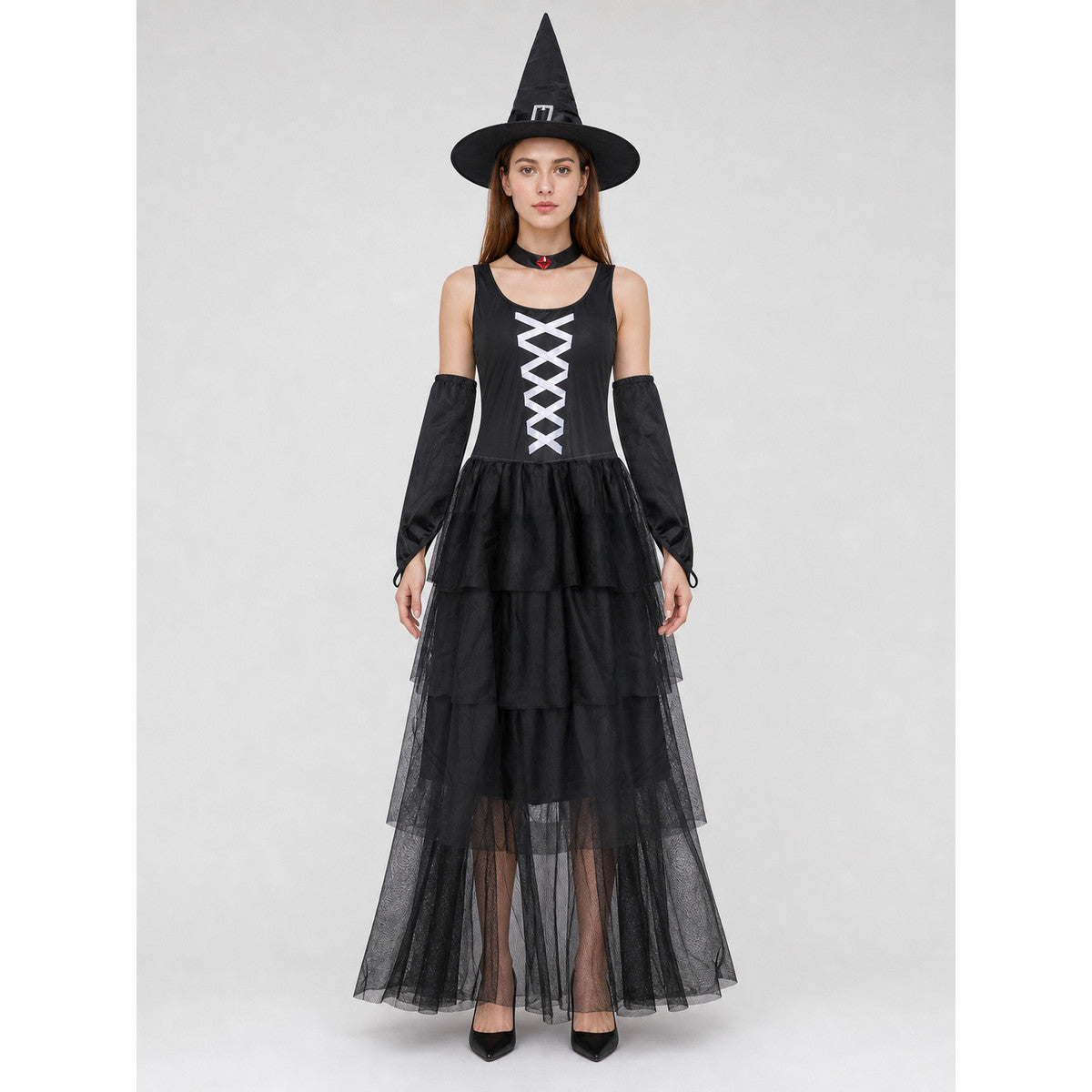 The set includes a black sleeveless dress, a pointed witch hat, separate on-model view
