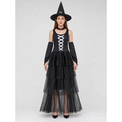 The set includes a black sleeveless dress, a pointed witch hat, separate on-model view