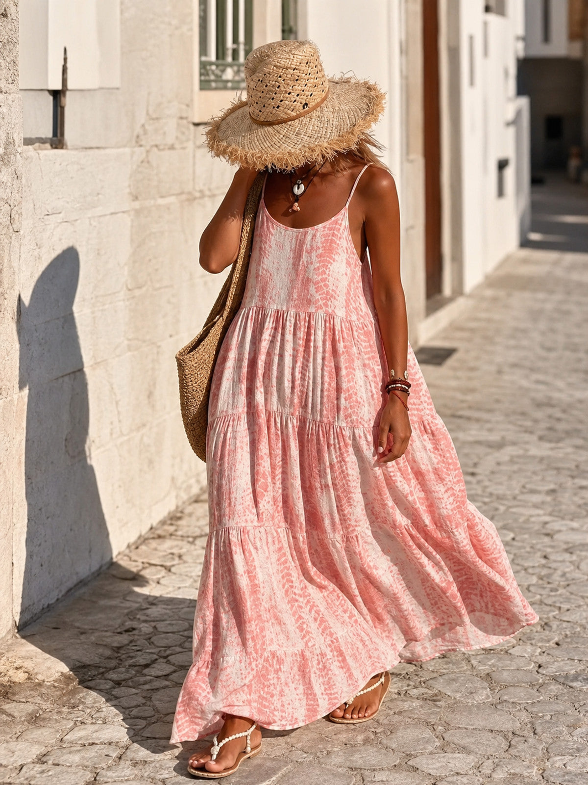 Women's Long Thin-Strap Dress with a Tiered Skirt main product view