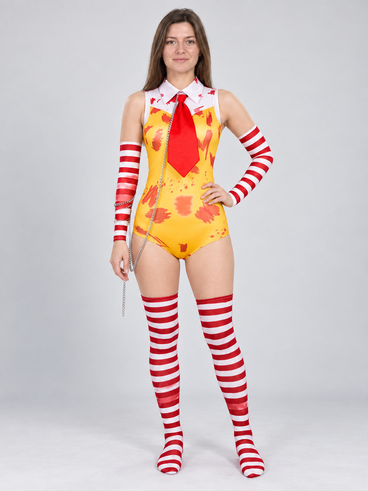 Clown Costume: Yellow Bodysuit, Collar, Tie, Arm Sleeves