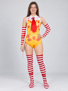 Clown Costume: Yellow Bodysuit, Collar, Tie, Arm Sleeves