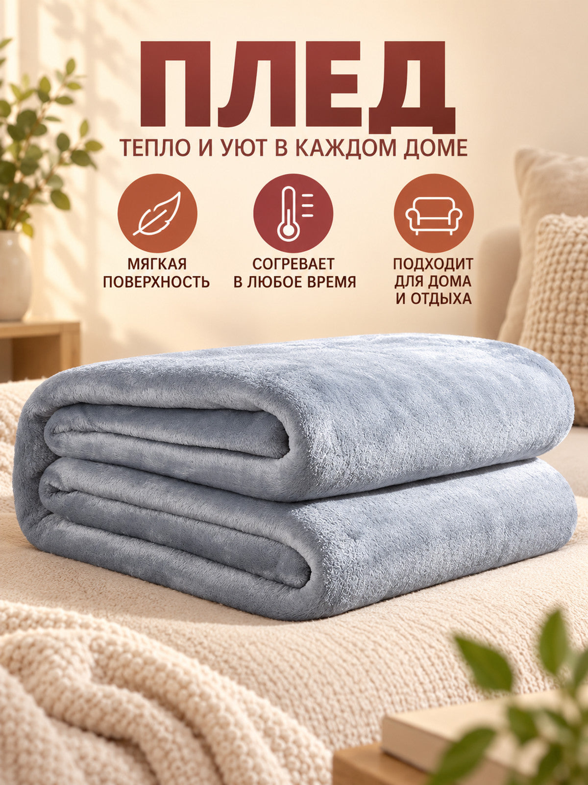 Light gray plush polyester blanket with a folded edge