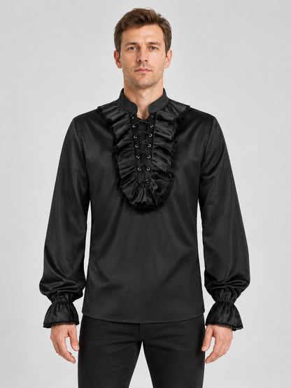 Black shirt with high collar and ruffles