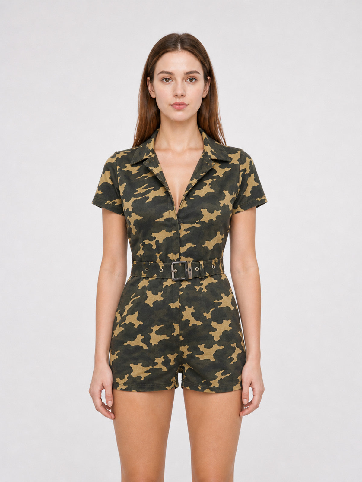 Camouflage Jumpsuit Costume with Cap and Belt front view