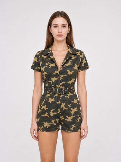 Camouflage Jumpsuit Costume with Cap and Belt front view