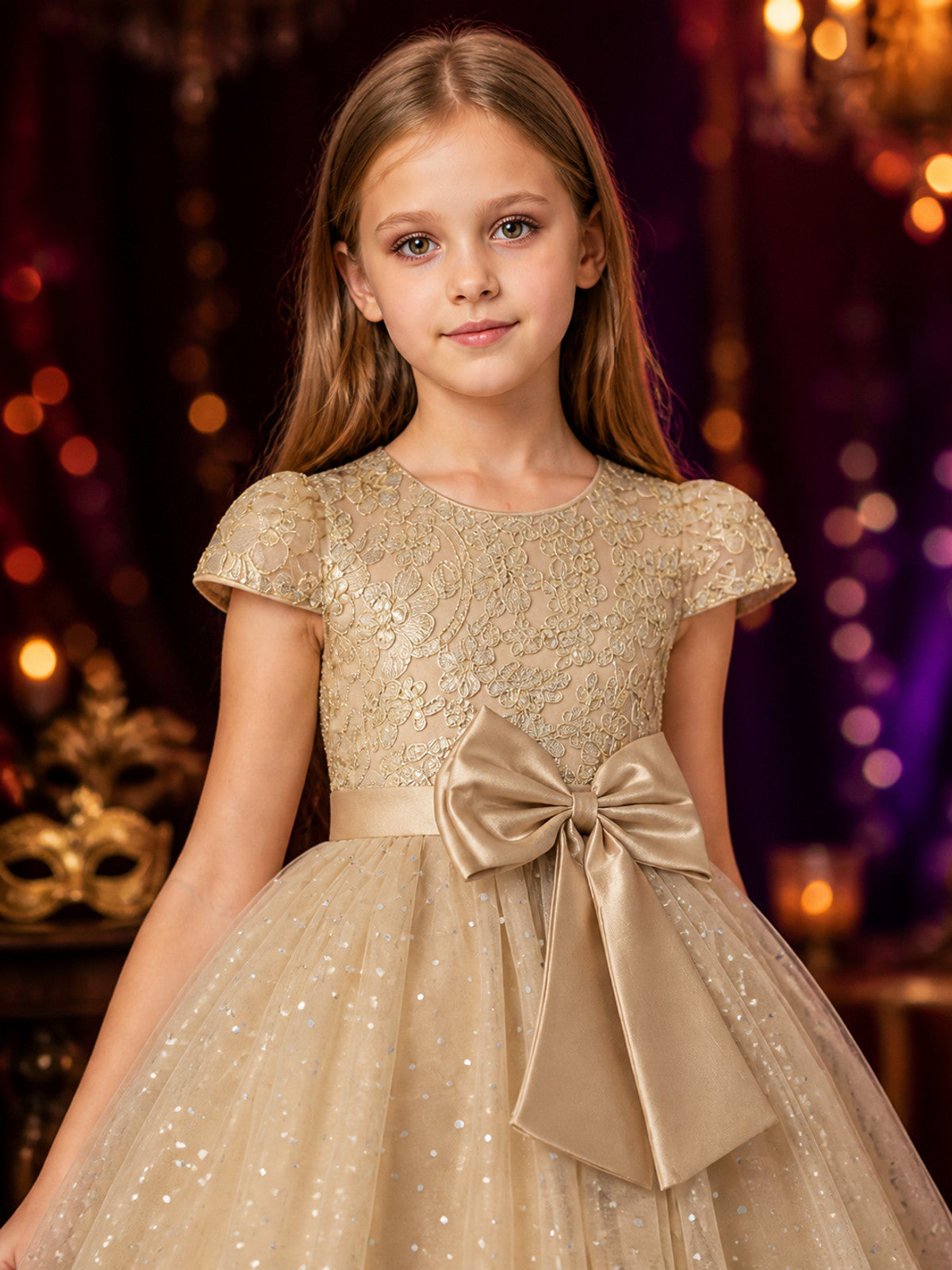 Girls' Champagne Princess Dress with Floral Lace, Bow and Sequin Tulle Skirt on-model view