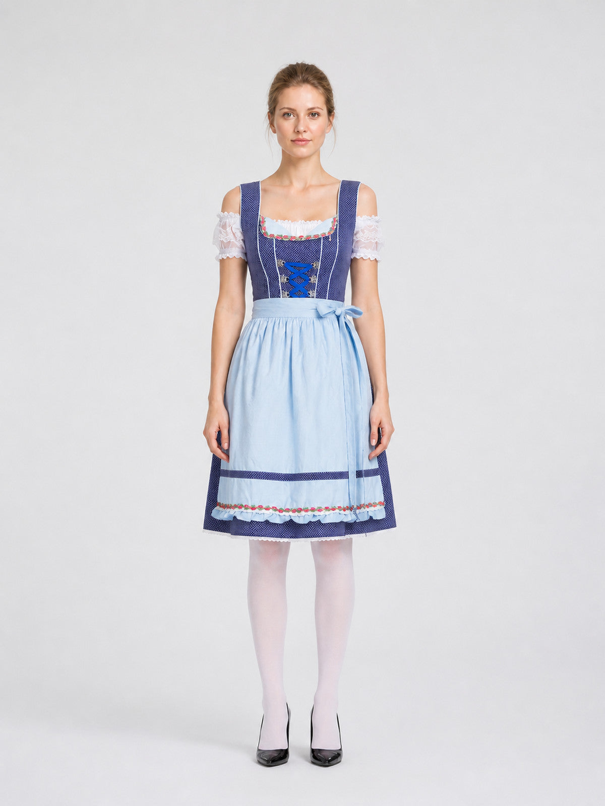 Bavarian Ethnic Dress with Apron and Floral Trim on-model view