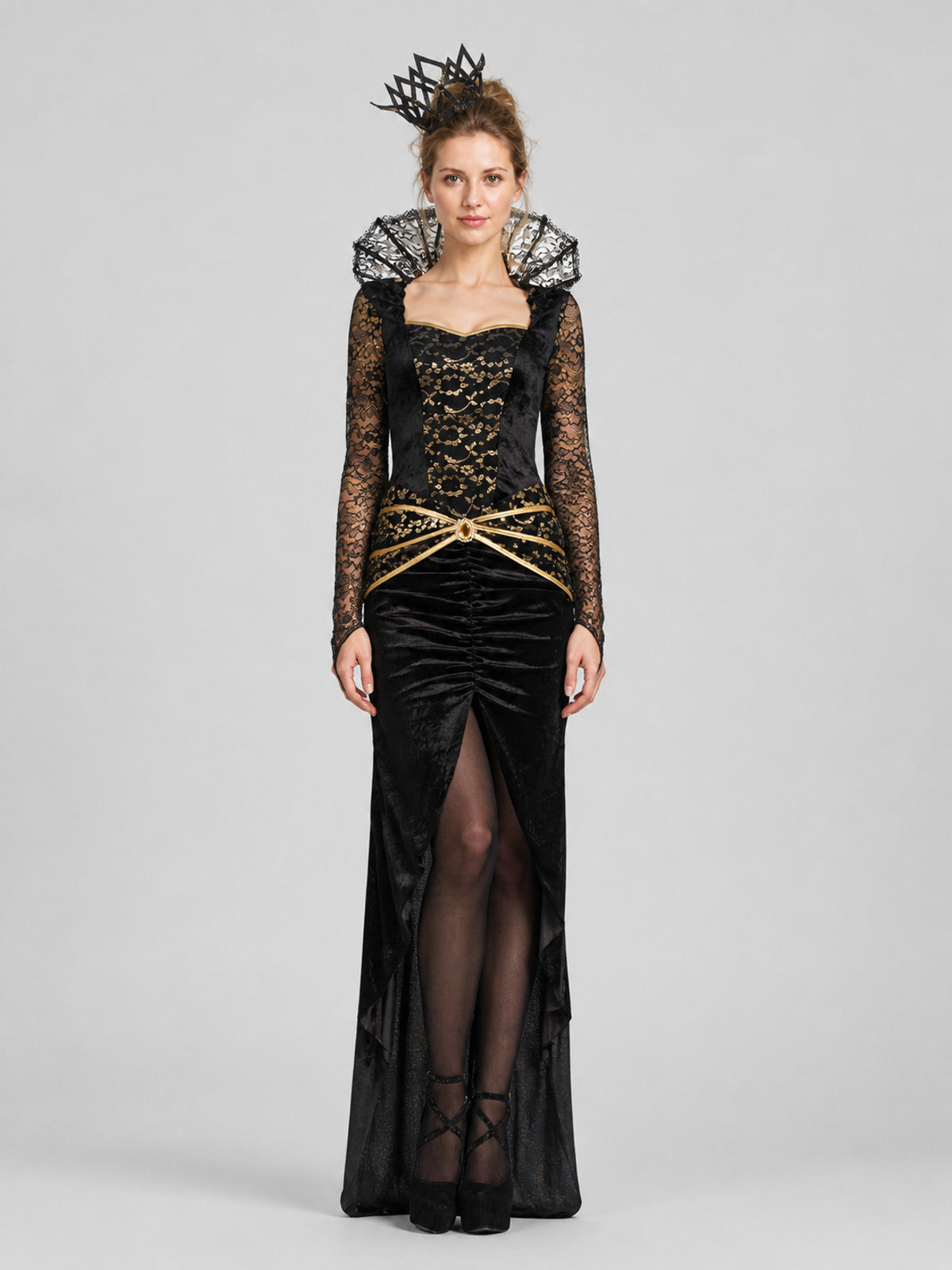 Black Dress with Lace Sleeves and Gold Pattern on-model view