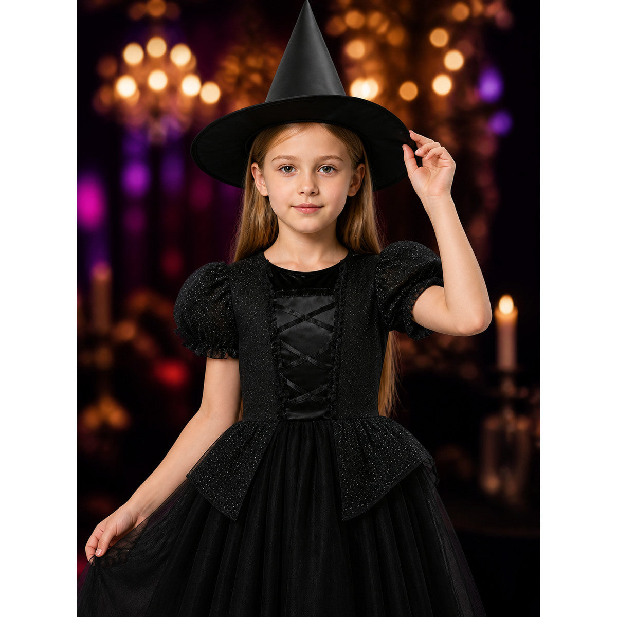 Kids Black Witch Dress with Hat Halloween Costume Set for Girls
