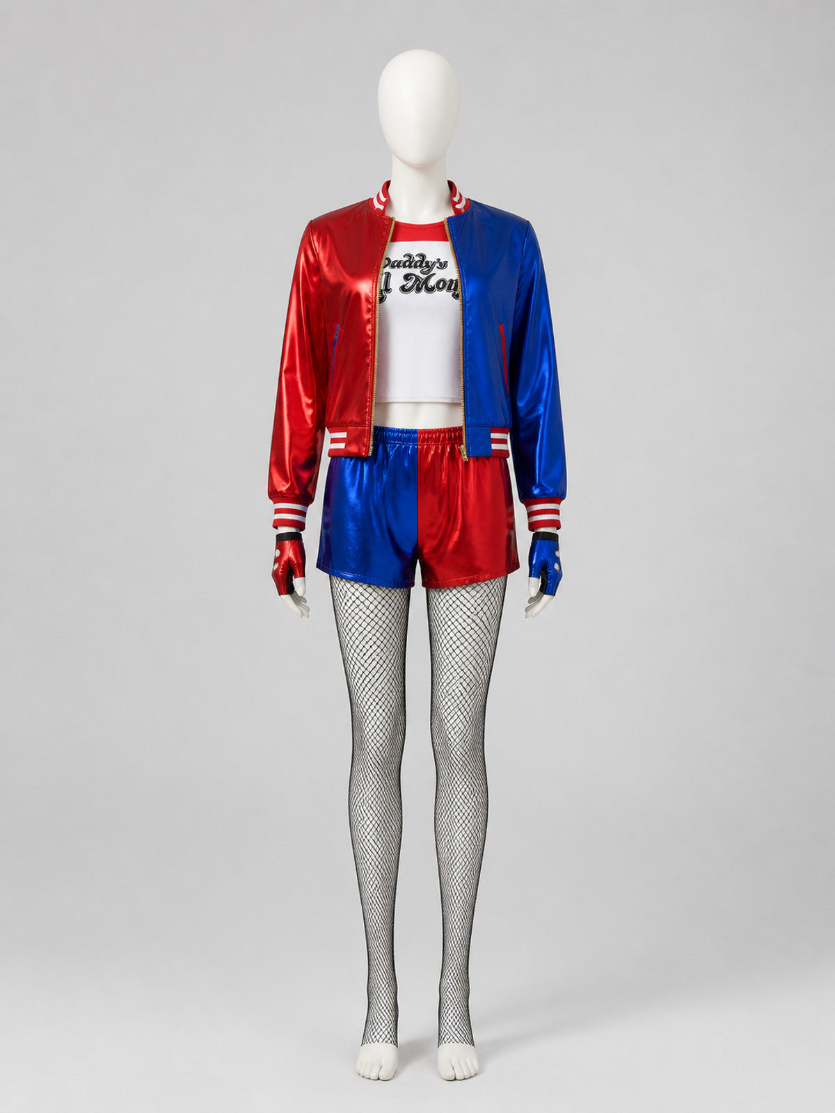 Harley Quinn Costume: Jacket, Shorts, Gloves, and Tights on-model view