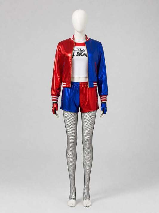 Harley Quinn Costume: Jacket, Shorts, Gloves, and Tights on-model view