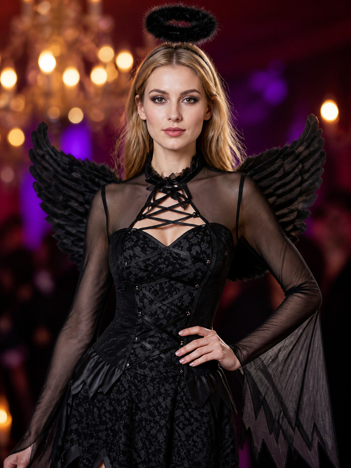 Black Angel H Carnival Costume with Corset for Halloween on-model view