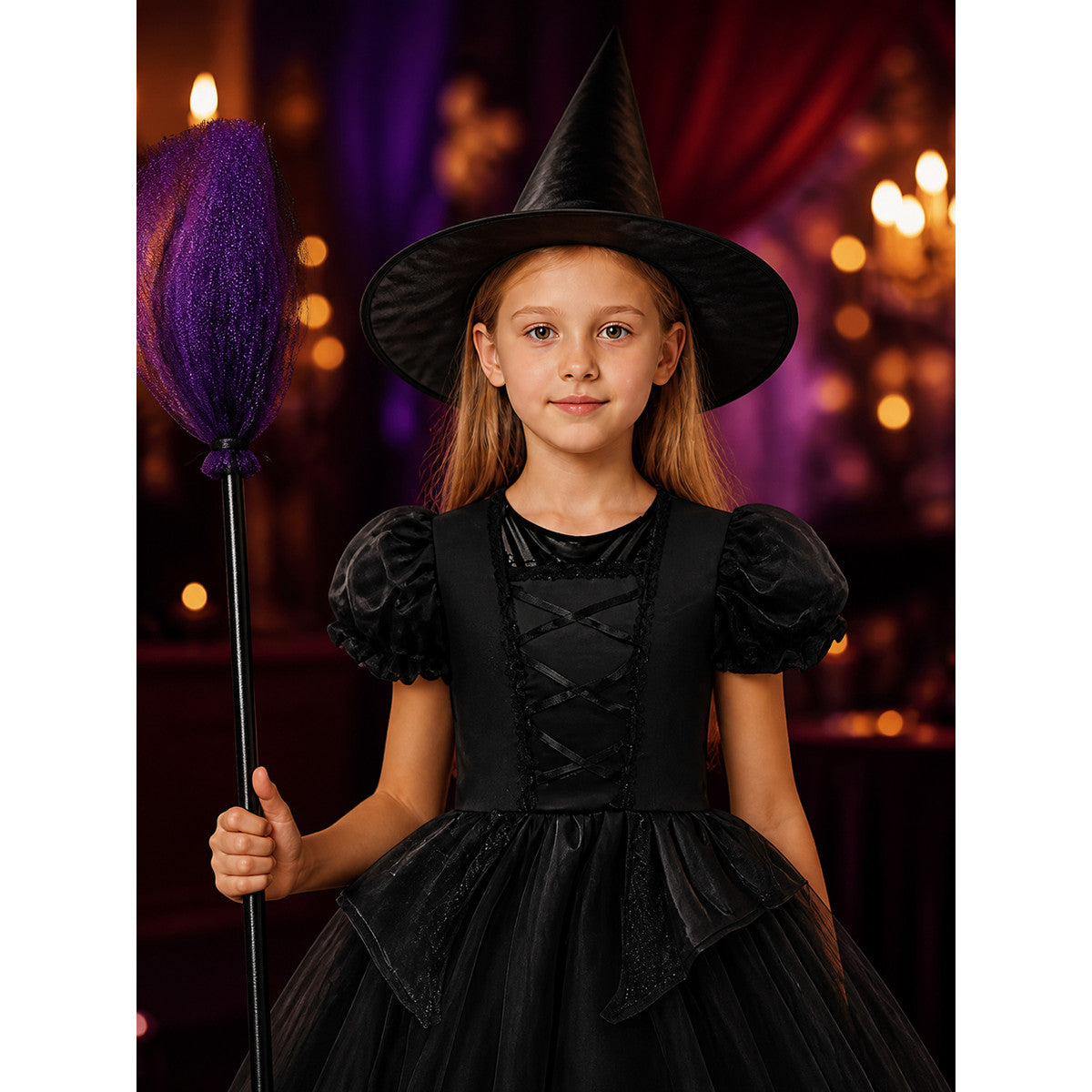 Kids Witch Costume Dress with Hat, Black & Purple Tutu Princess Halloween Outfit on-model view