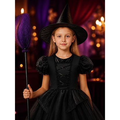 Kids Witch Costume Dress with Hat, Black & Purple Tutu Princess Halloween Outfit on-model view
