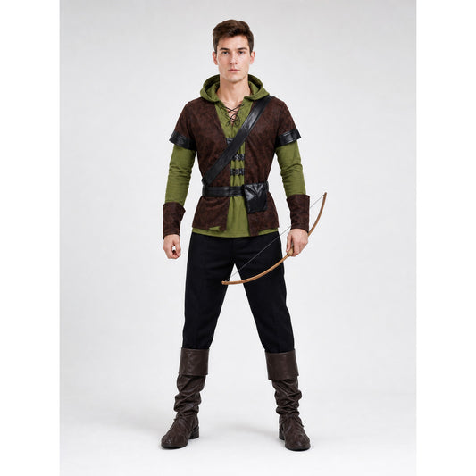 The costume is designed in the style of a medieval forest hero and is suitable for creating a distinctive look for a costume party, cosplay, Halloween, or a themed event. The set includes a complete costume look with a hooded top, lace-up n
