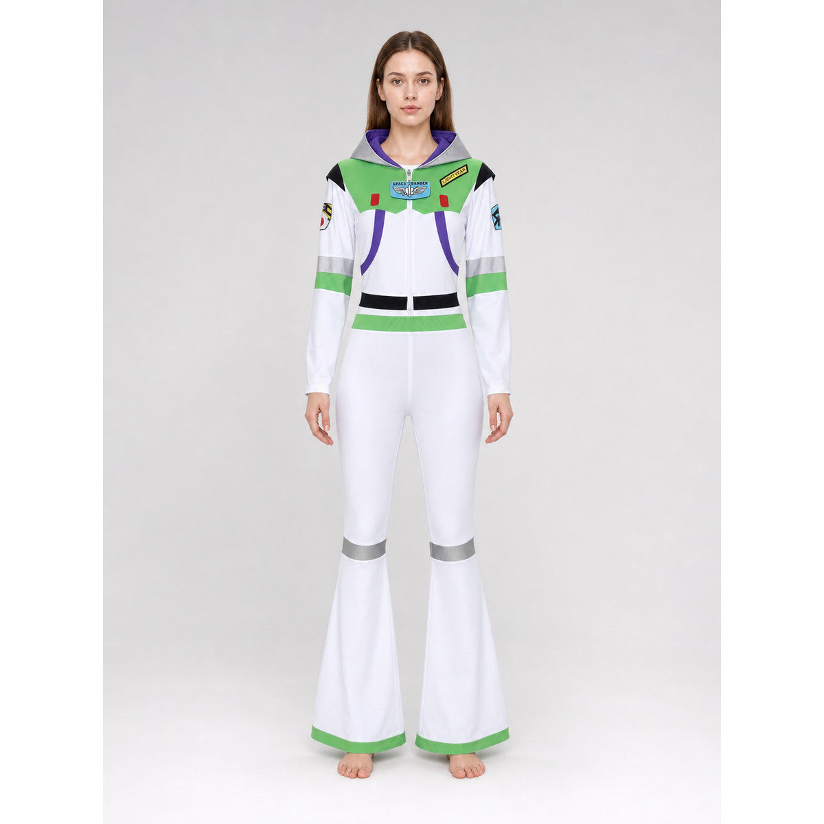 Buzz Lightyear Cosplay Costume: Top, Pants, and Bow on-model view