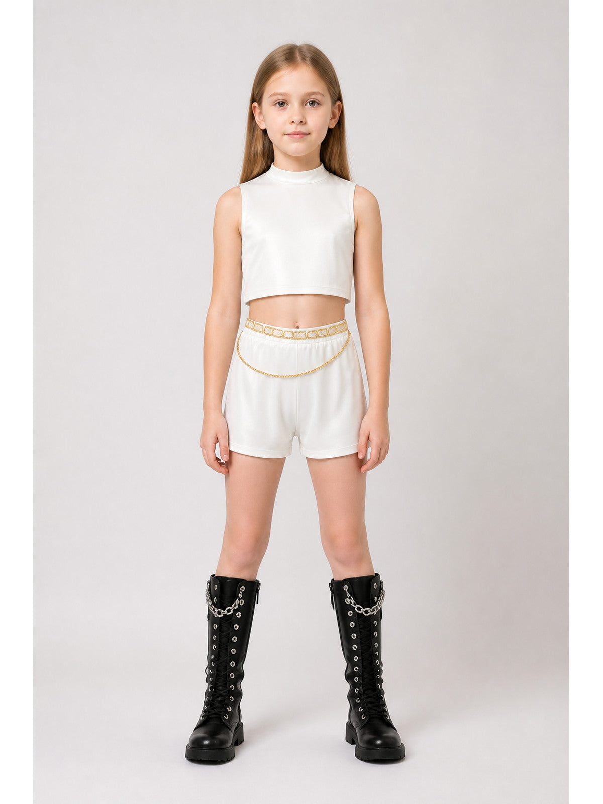 White Children's Set: Top and Shorts with Gold Waistband