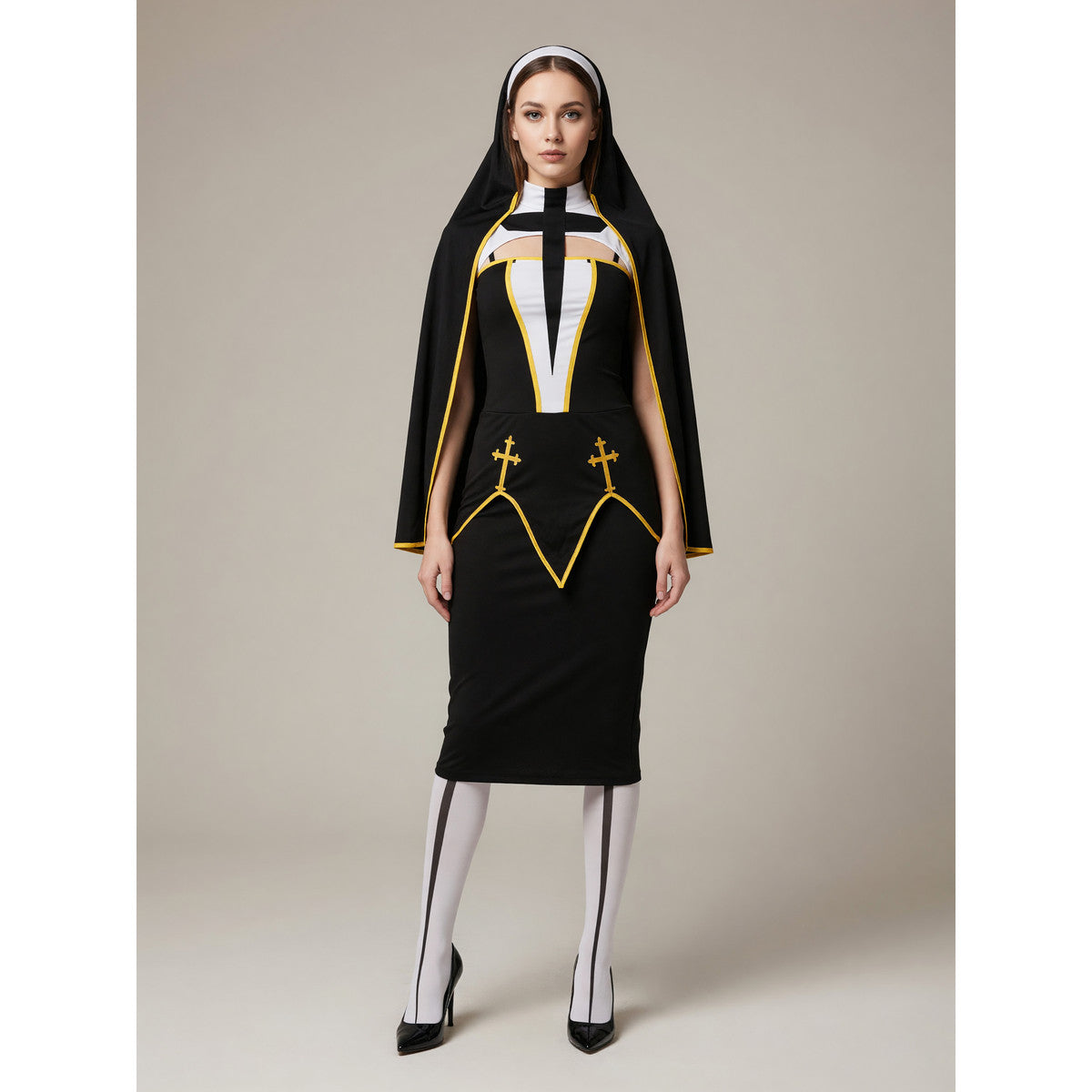 Black Carnival Cloak with Hood and Crosses front view