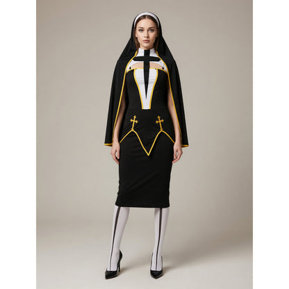 Black Carnival Cloak with Hood and Crosses front view