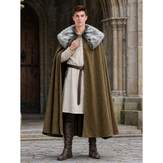 Brown cloak with a gray faux fur collar shown full-body on a model in a stone courtyard