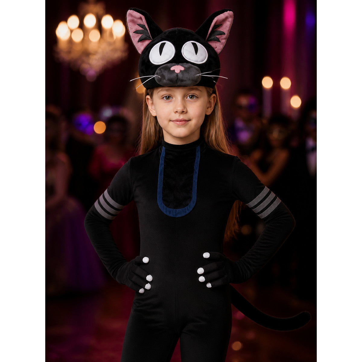 Black Cat Hooded Bodysuit Costume with Tail, Stripe Details on-model view