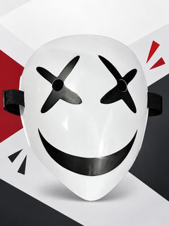 White Full-Face Clown Mask with Black X Eyes and Wide Smile – Halloween Horror Cosplay Mask