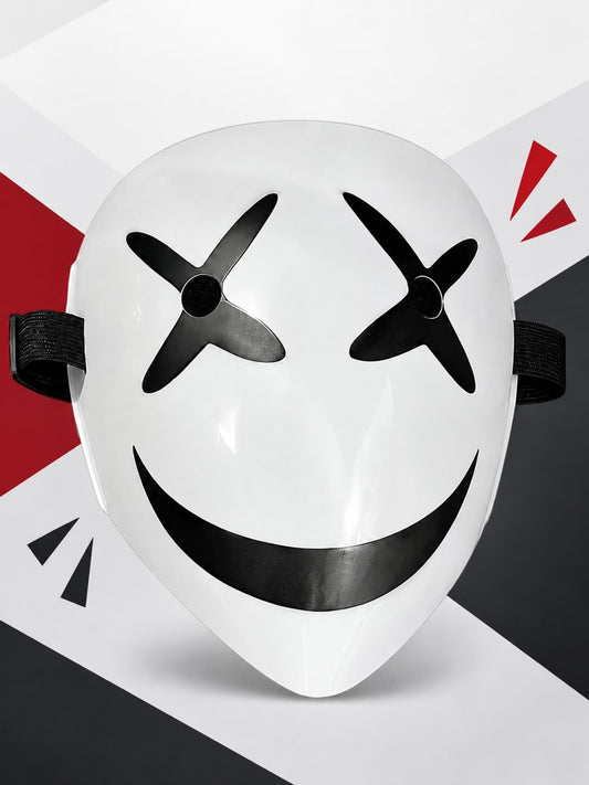White full-face clown mask with black X-shaped eyes and a wide black smile