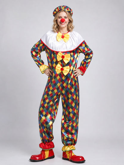 Clown Costume for a Masquerade with Hat and Nose on-model view