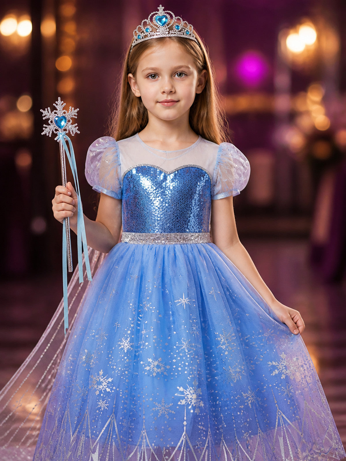 Kids Snow Queen Blue Sequined Snowflake Puffy Princess Dress Halloween Costume