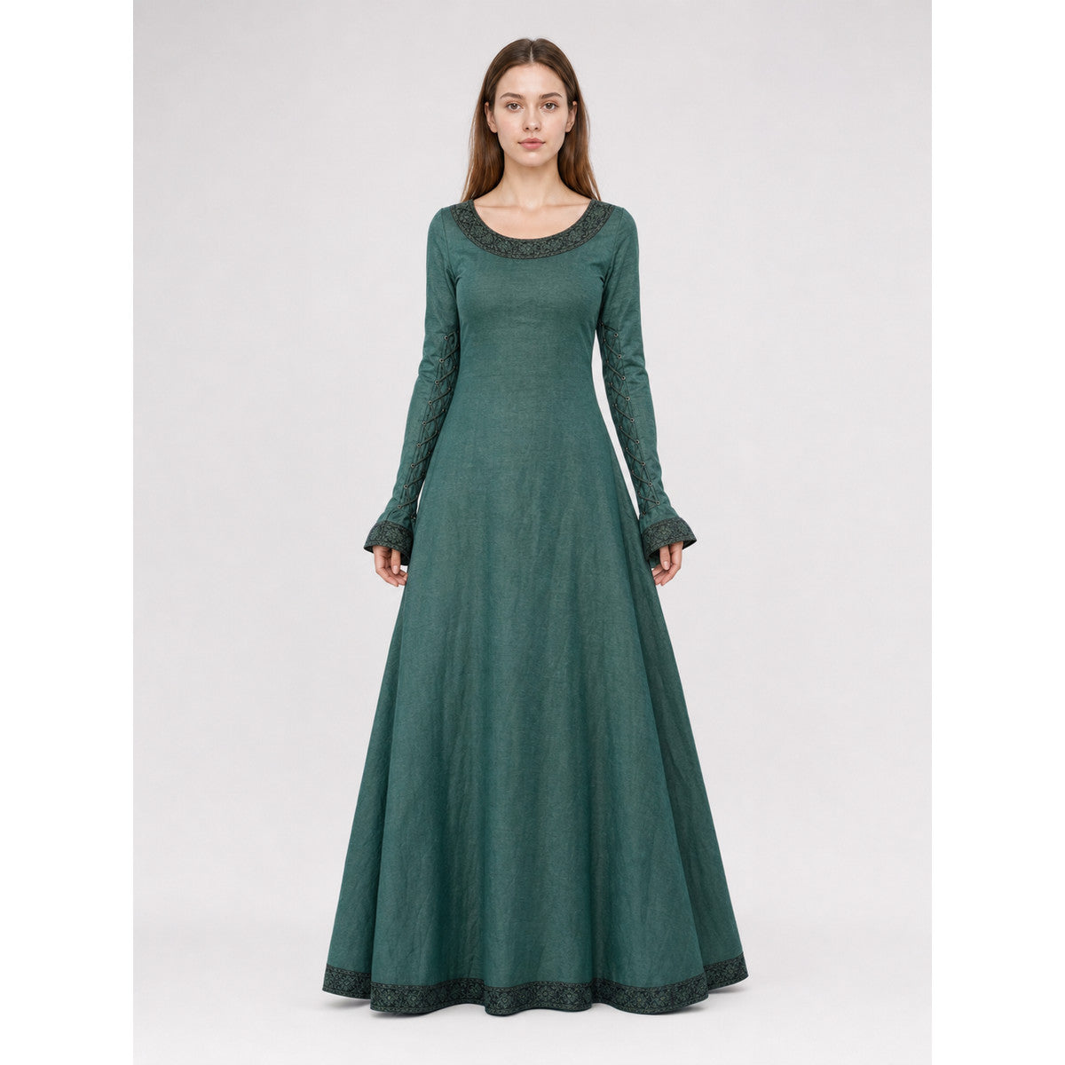 Dark Green Medieval Dress with Long Sleeves