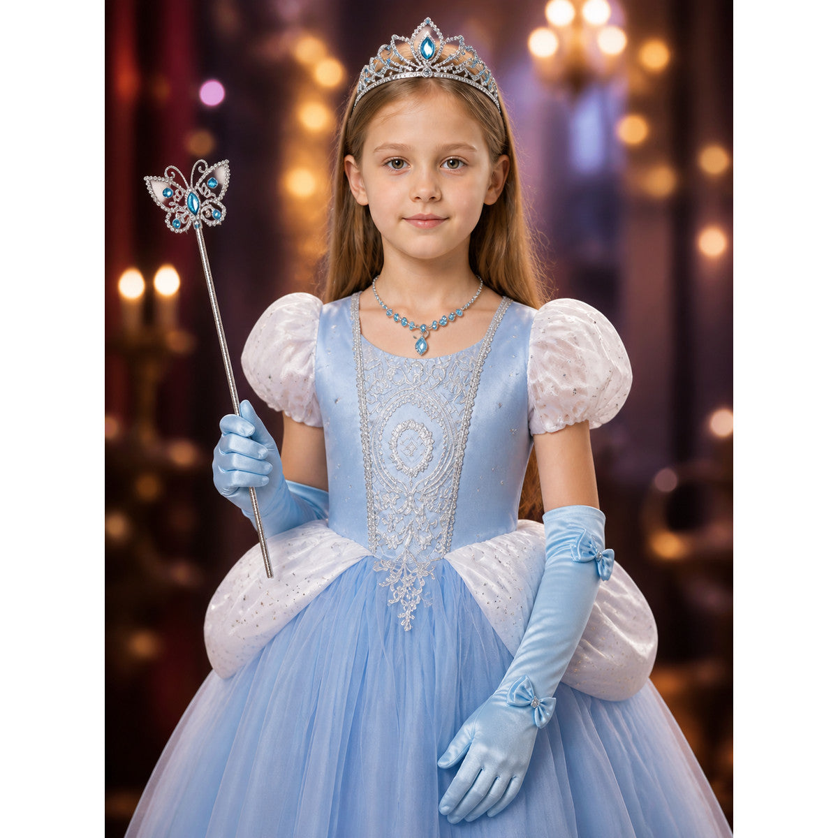 Girls Cinderella Princess Dress Costume, Layered Tulle Ball Gown with Crown Wand on-model view