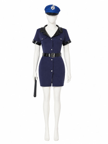 Women's Police Costume Set With Dress, Hat, Baton And Belt, Halloween Cosplay on-model view