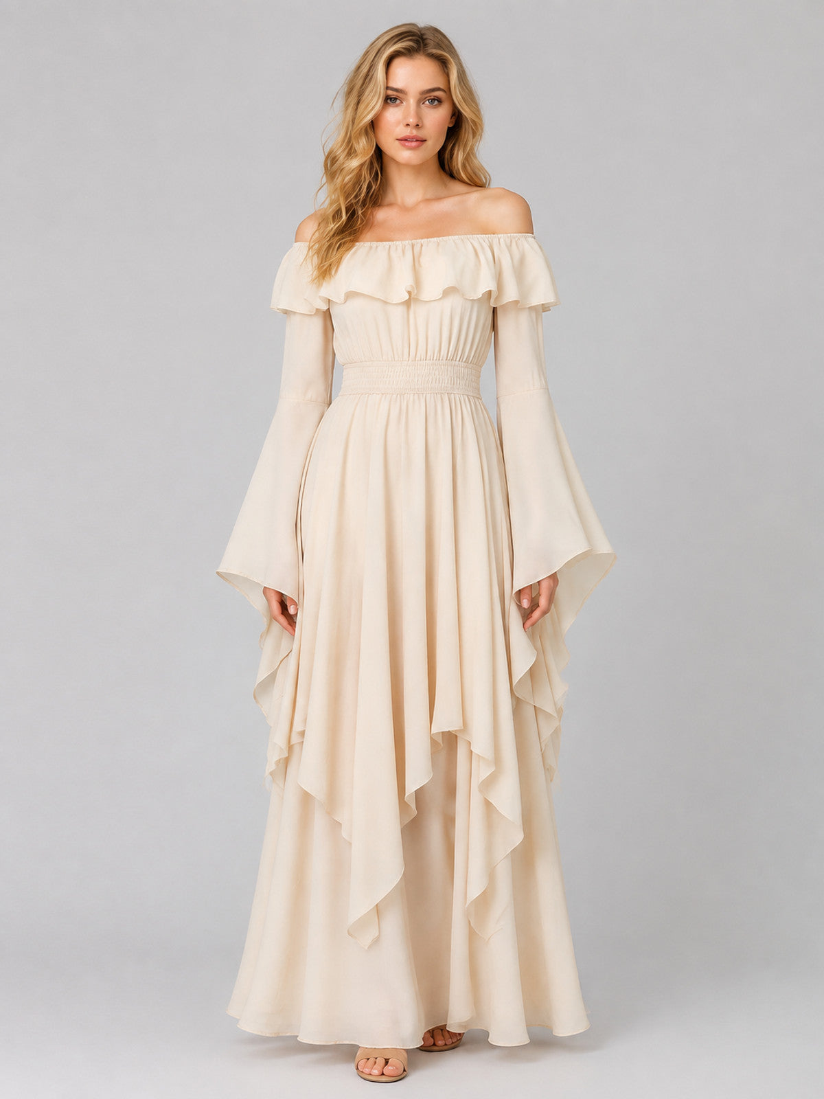 A-Line Dress with Ruffles and Off-the-Shoulder Design
