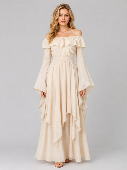 A-Line Dress with Ruffles and Off-the-Shoulder Design