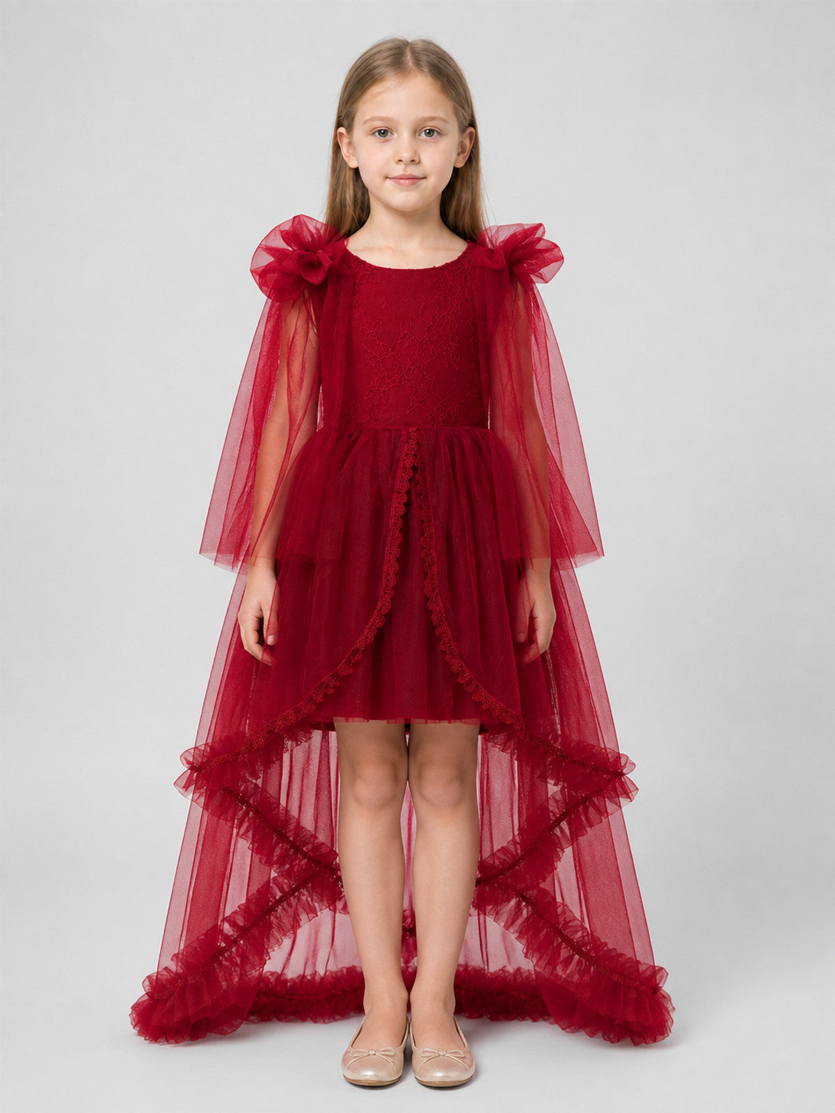 Burgundy Princess Dress with a Long Train and Bows on-model view